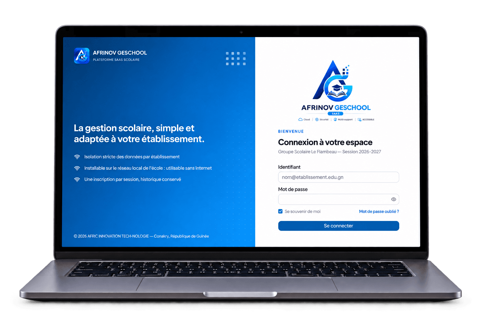 Mockup de l’écran de connexion AFRINOV GESCHOOL sur ordinateur